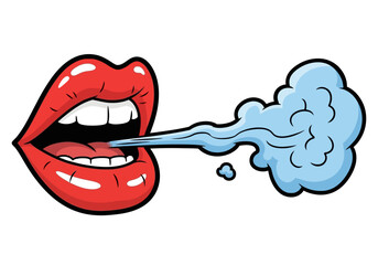 Obraz premium Red lips exhaling blue smoke in comic book pop style mouth