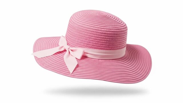 A pink sun hat with a bow on a white background