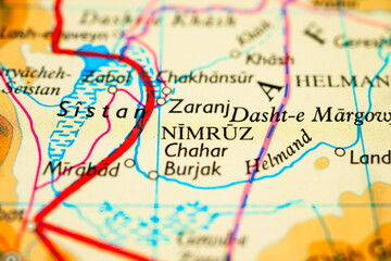 Detailed map section of Nimruz Helmand and surrounding desert landscape.