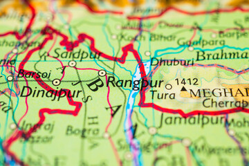Rangpur and Dinajpur cities on Bangladesh India border map close up.