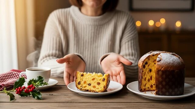A woman sitting at a wooden table, reaching for a slice and a whole cake