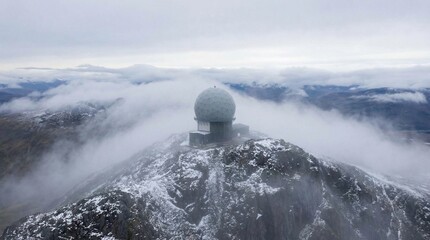 Majestic radome on a snow-covered mountain peak, a remote high-altitude scientific outpost shrouded in ethereal clouds, vital for advanced atmospheric data collection