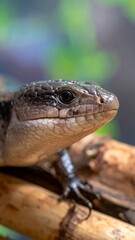 Naklejka premium A close-up portrait shows a reptile's head in sharp detail, perched on a branch. The blurred background features soft green and blue hues