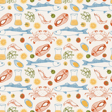 Coastal Mediterranean seafood seamless pattern with hand drawn fish, crab & citrus (medium scale)