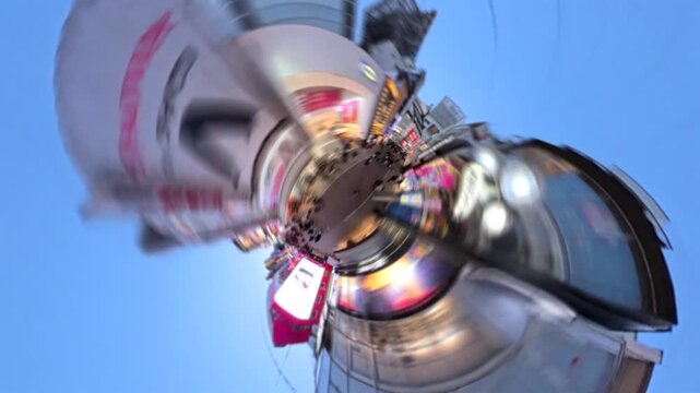 SHIBUYA, TOKYO, JAPAN - FEB 2026 : Super fish eye view time lapse shot of Shibuya city at night. Crowd of people and buildings around Shibuya Crossing. Japanese urban city concept video.