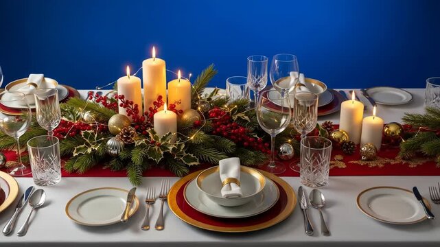 A festive table setting with candles, plates, and silverware
