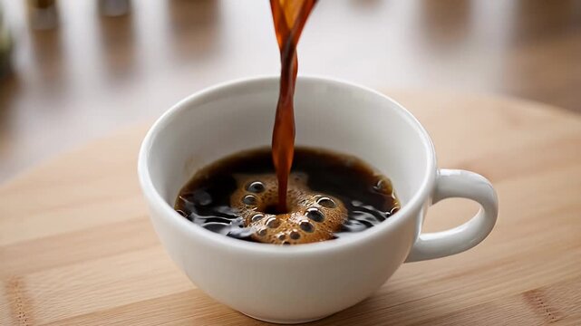 Pouring fresh brewed black coffee into a white cup on wooden surface