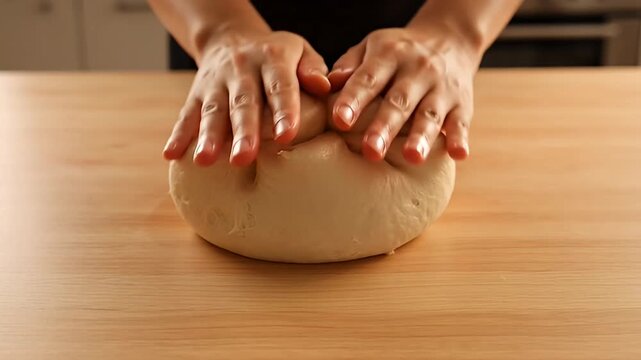 Hands kneading dough on a wooden surface, preparing to bake bread or pizza