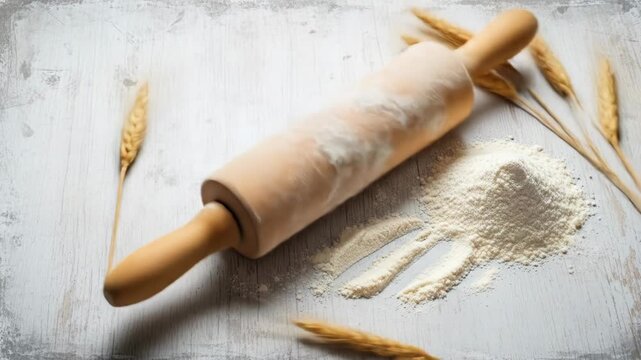A wooden rolling pin lies on a white surface surrounded by wheat and flour