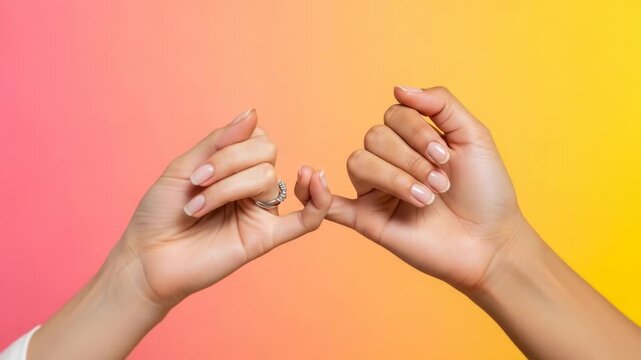A pair of hands with fingers interlocked forming a heart shape against a vibrant gradient background