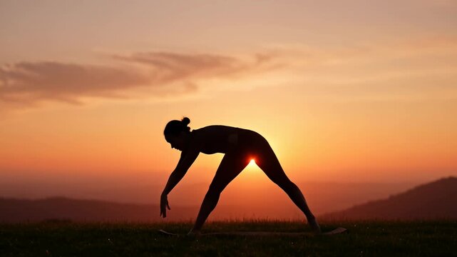 Silhouette of a woman in triangle yoga pose against a vibrant sunset
