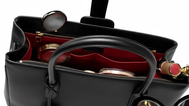 A black leather handbag with red interior and gold accents on a white background
