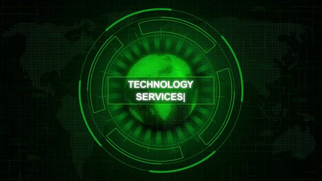 Futuristic Technology Services Hologram with Glowing Green Digital Network and Binary Code Background