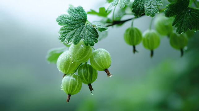 Green berries with dewdrops on a leafy branch