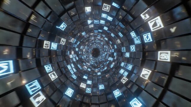 A futuristic tunnel filled with digital screens displaying various icons and symbols, creating a mesmerizing spiral pattern from a central viewpoint.