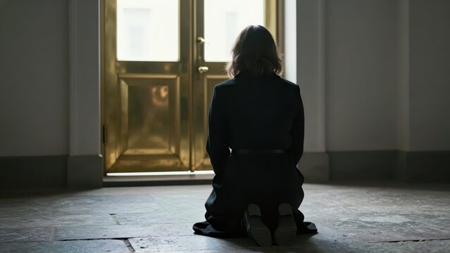 Frail blackclad woman kneeling alone on cold stone floor, face obscured by shadow, gazing towards brightly illuminated brass tabernacle door