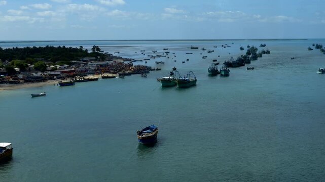 India, Rameshwaram, 02-13-2025. Fishing boats at the Rameswaram port. Panning 4K