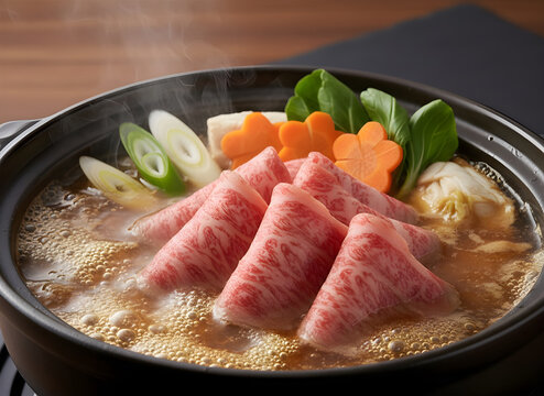 Traditional Japanese sukiyaki hot pot with thinly sliced premium wagyu beef marbled meat, fresh carrots, scallions and bok choy in a savory dashi broth inside a black ceramic nabe pot