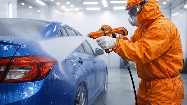 Worker in protective suit carefully sprays water over a blue car in a car washing. High pressure stream removes dirt and foam while bright lights reflect on the wet surface in a clean garage.