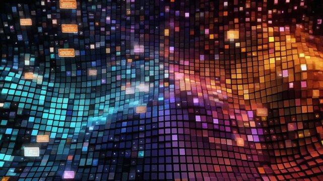 Vibrant abstract grid pattern with colorful mosaic tiles and shimmering lights in a digital landscape viewed from a tilted perspective