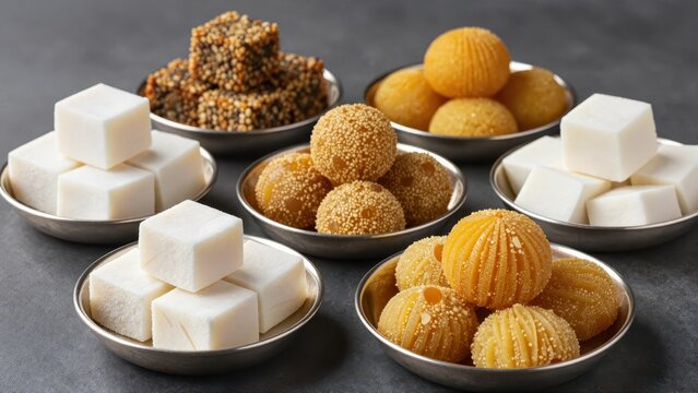 Parsi festive sweets still life: Lagan nu Custard, Shiro, Nankhatai on polished silver serving dishes. Rich traditional Indian dessert composition,