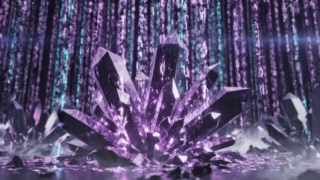 A cluster of sharp crystal shards illuminated by neon purple light in a futuristic digital environment viewed from a low angle