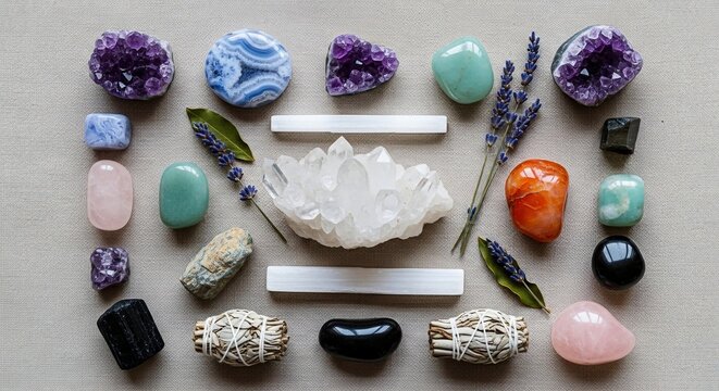 Collection of Healing Crystals and Stones Arrangement.