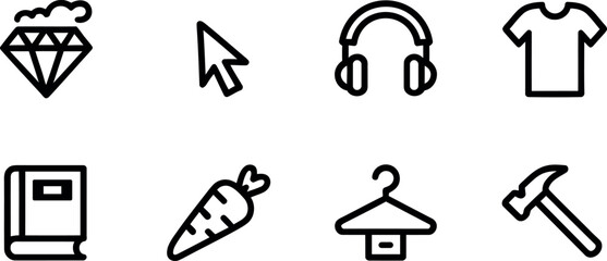 Fototapeta premium Collection of eight diverse simple outlined icons representing various everyday objects and concepts