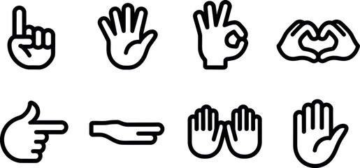 Obraz premium Collection of eight diverse black outline hand gestures and icons isolated on transparent background for graphic design