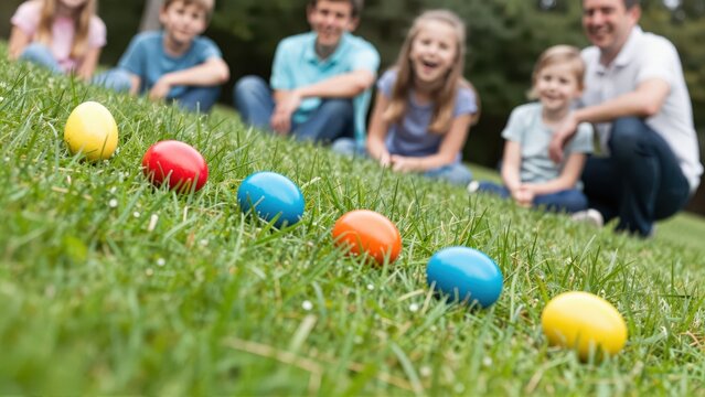 Brightly colored wooden eggs tumble down a short, sloping green lawn. Laughing families watch from sidelines during a lively outdoor spring festival.