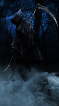 Vertical Grim Reaper the End is Soon 4K Loop features a hooded dark figure holding a scythe with mist churning all around looking at a tombstone with a forest and lightning filled sky behind in a vert