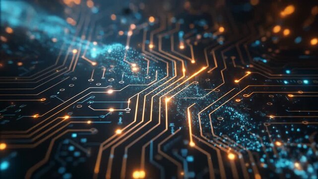 A futuristic circuit board with glowing orange pathways and blue lights, showcasing advanced technology and electronic connections in a complex network.