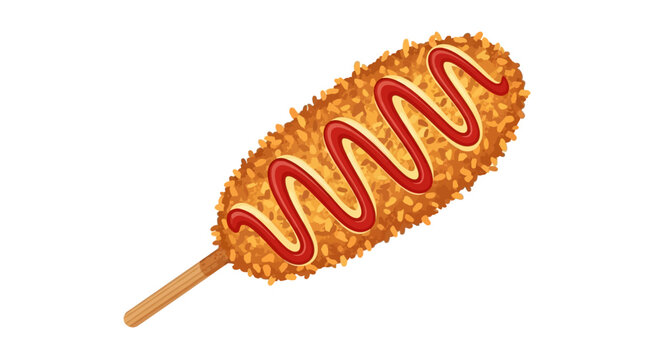 Corn dog with ketchup on a stick, crispy fried snack.