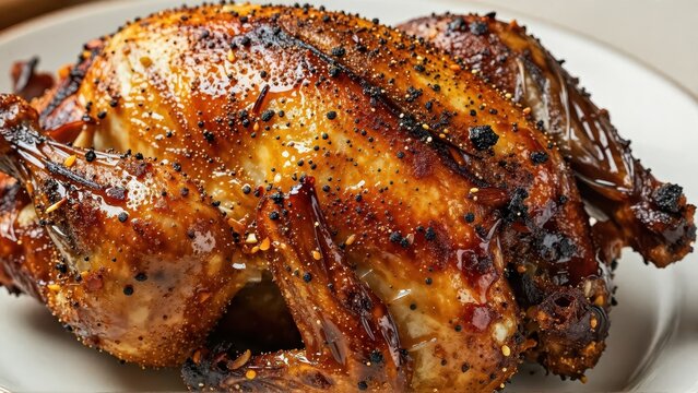 Extreme macro focus on the crispy, dark brown skin of a whole roasted chicken, visible coarse texture of niter kibbeh glaze and scattered spices, shallow