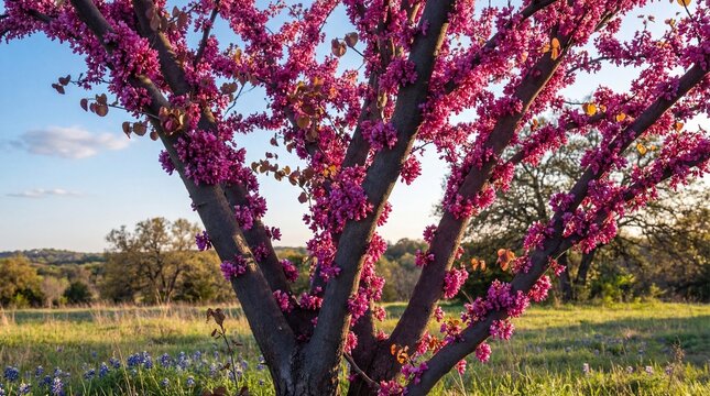 Vibrant Eastern redbud tree with magenta flowers in spring landscape for seasonal and renewal concepts
