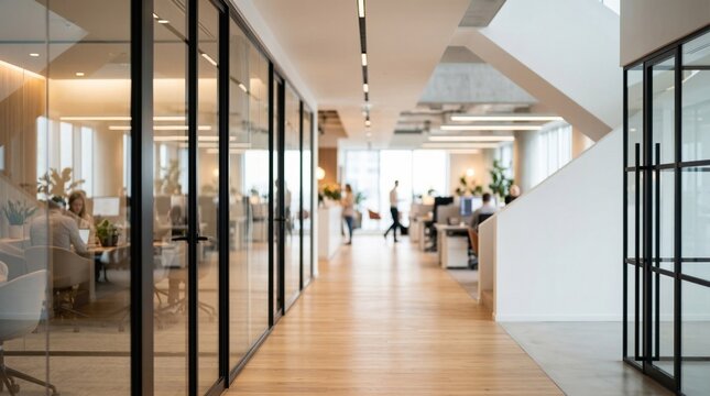 Bright modern glass walled office corridor with wooden floor and blurred employees walking toward windows in warm natural light and plants