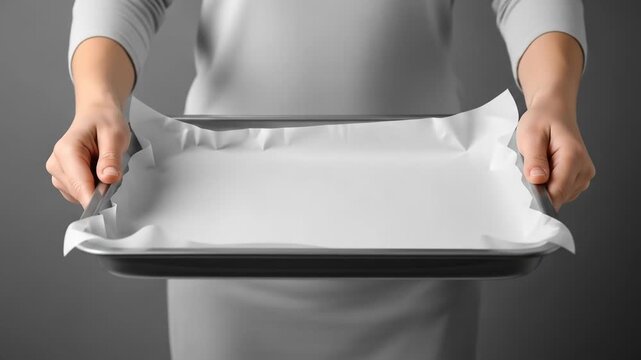A person in a light gray dress holds a rectangular tray covered with white paper