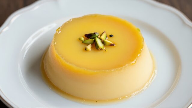 Macro photography of a perfectly set Lagan nu Custard dessert on a delicate porcelain plate, featuring rich saffron color and intricate pistachio garnish,