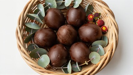 Fototapeta premium Overhead view of dark, high-quality chocolate eggs in a woven wicker basket with eucalyptus leaves and small banksia blossoms, diffused light