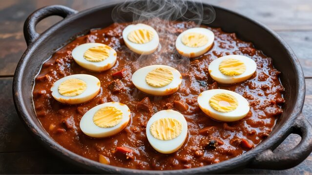 Overhead view of a large, perfectly spread Injera platter, rich red Doro Wat stew piled high with hardboiled eggs, steam gently curling upwards, dark clay