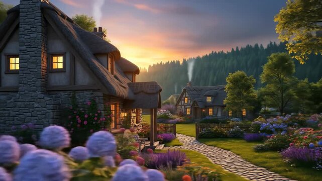 A serene, idyllic village scene at sunset featuring a charming stone cottage with a thatched roof, surrounded by a lush garden and a stone pathway