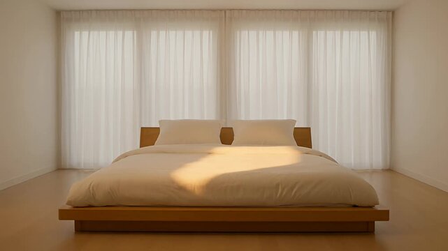 Sunlit bedroom with simple wooden bed frame and sheer white curtains