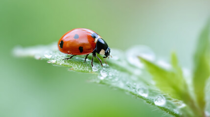 Fototapeta premium Ladybug crawling on dew-covered leaf in lush greenery