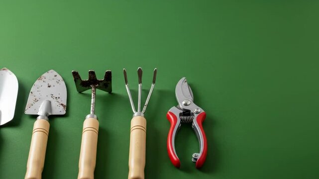 A row of gardening tools on a green background