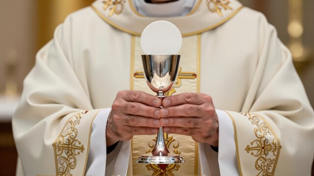 The priest's hands, aged and steady, present the white host against the backdrop of a silver chalice, intense, focused illumination isolates the sacred