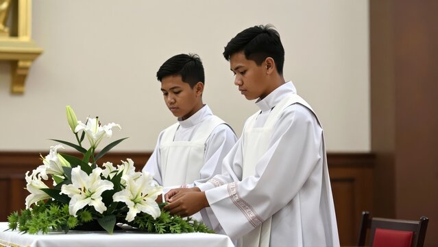 Two young Filipino altar servers in white surplices carefully placing small white lilies onto the elevated altar platform; soft, diffused light streams