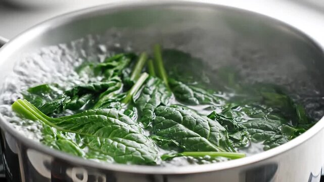 Fresh Spinach Wilting in Boiling Water in a Stainless Steel Pot.