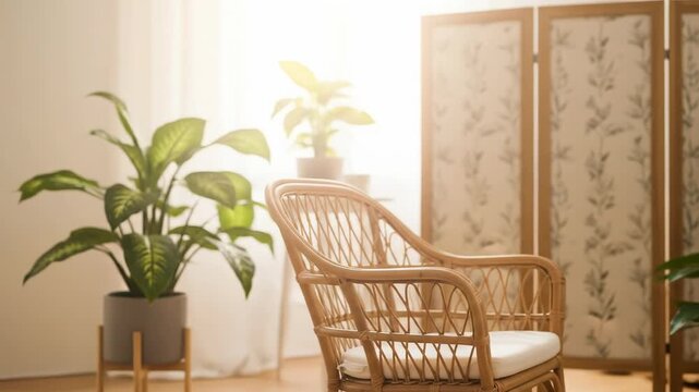 A serene room with a wicker chair, plants, and a room divider