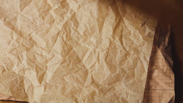 Crumpled craft paper in warm brown, terracotta, and earthy tan tones being layered one by one. This textured background showcases eco-friendly recycled materials with a vintage parchment aesthetic.