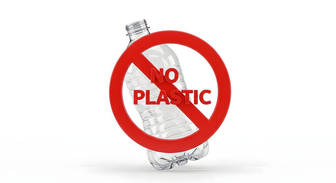 3D Render of No Plastic Prohibited Symbol over a Water Bottle